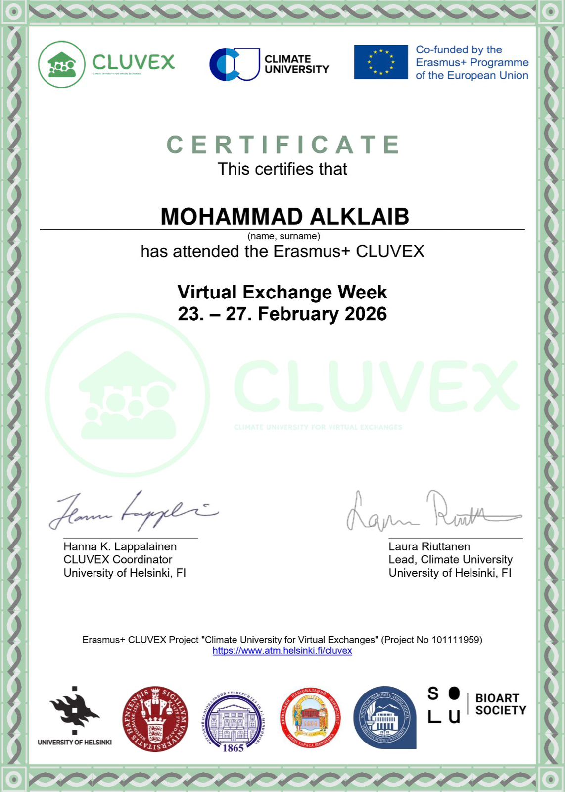 Yarmouk University Science Student Represents Jordan in International Climate Change Program, Earns Academic Accreditation from University of Helsinki